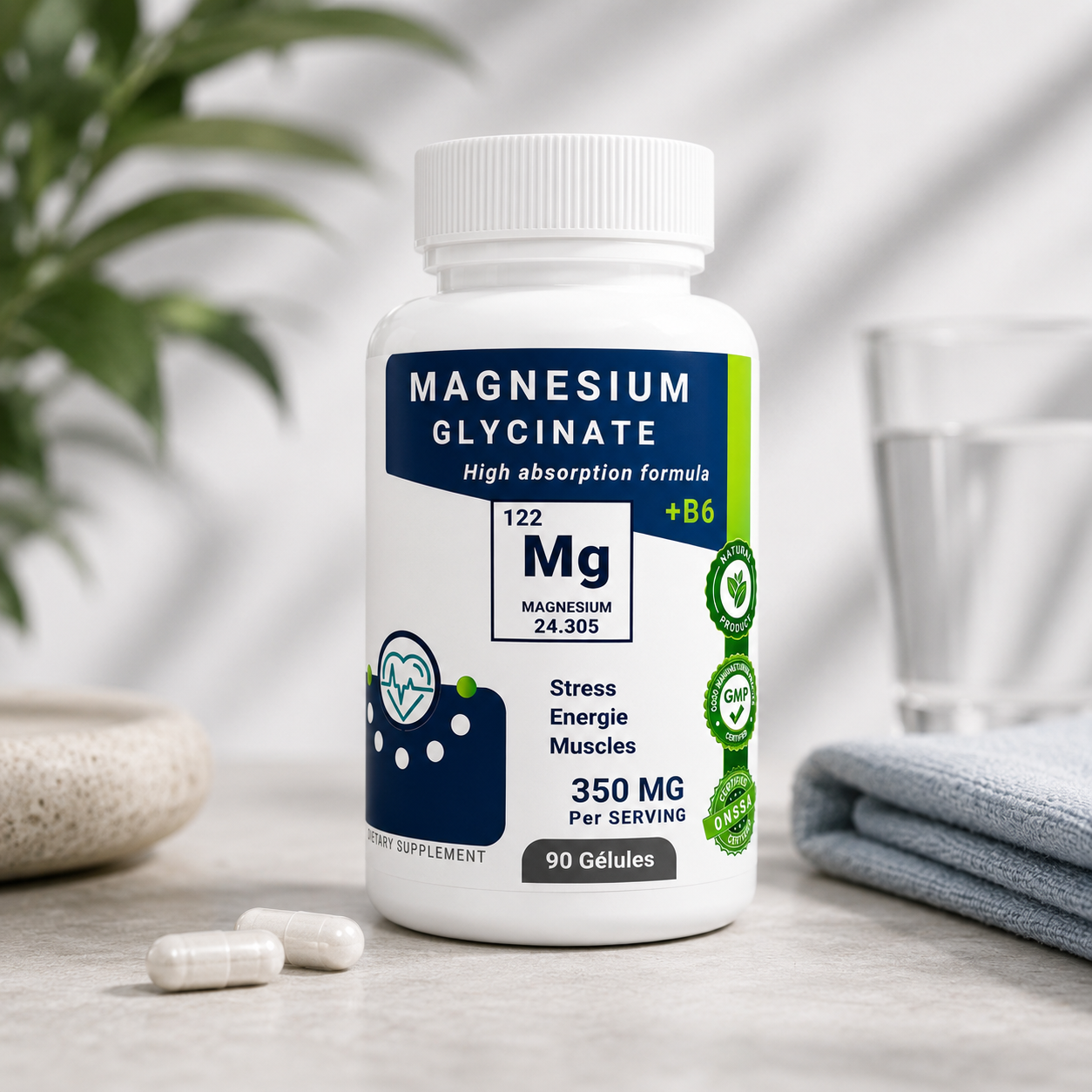 Magnésium Glycinate 350mg + B6 Haute Absorption – 90 Gélules