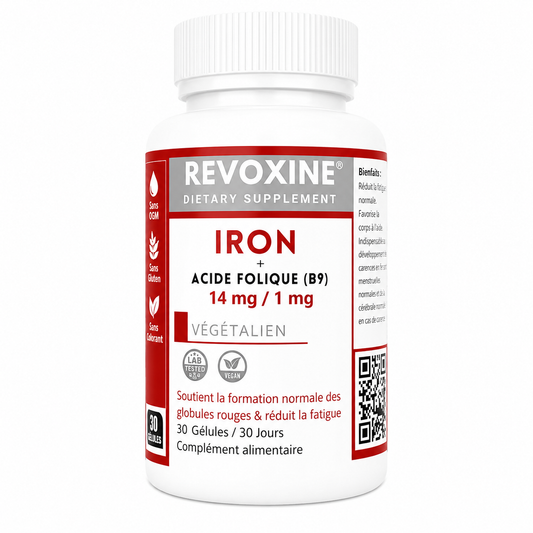 Fer (Iron) 14mg + Acide Folique B9 1mg Végétalien – 30 Gélules