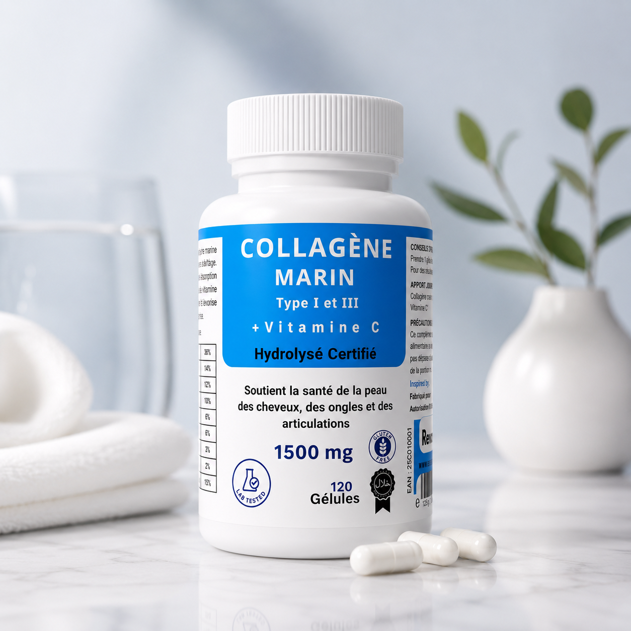 Collagène Marin 1500mg Type I & III + Vitamine C – 120 Gélules