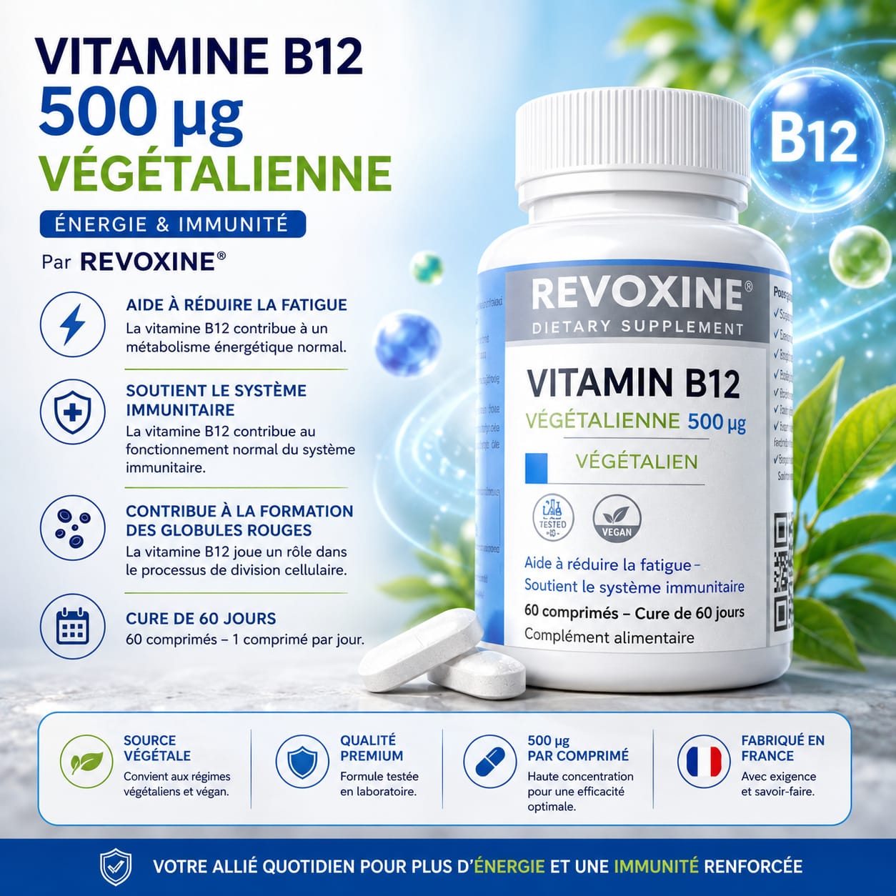 Vitamine B12 500µg Végétalien – 60 Comprimés (60 Jours)