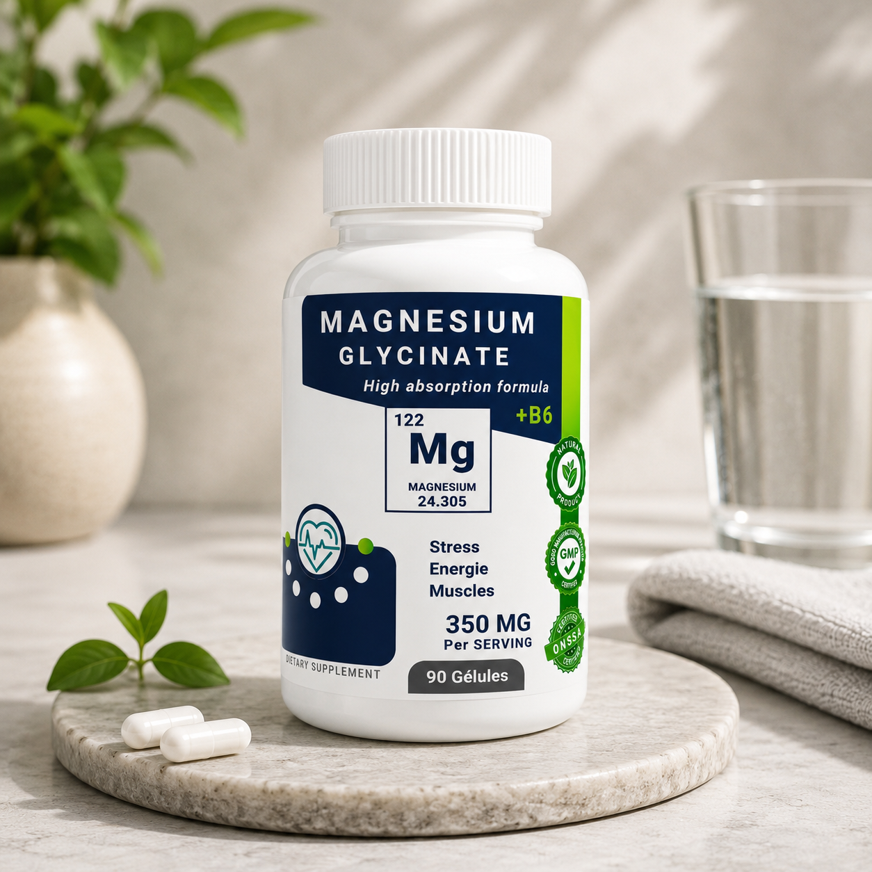 Magnésium Glycinate 350mg + B6 Haute Absorption – 90 Gélules