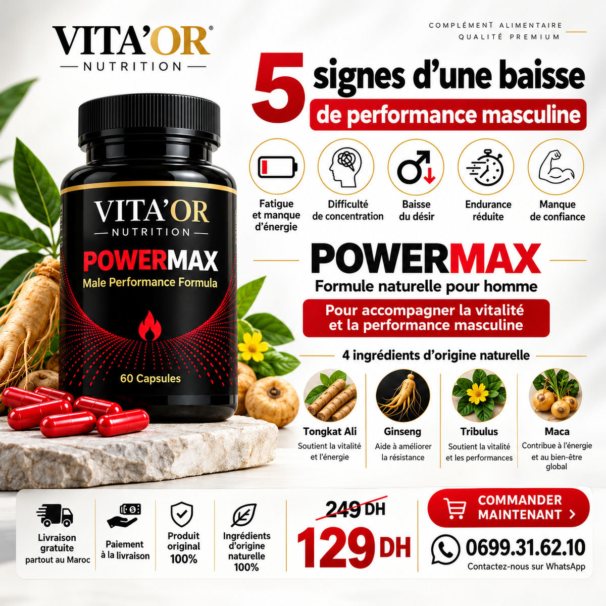 POWERMAX VITA’OR Nutrition – Complément Alimentaire Homme, 60 Gélules
