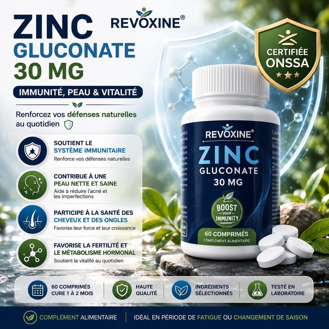 Zinc Gluconate 30mg Haute Absorption – 60 Comprimés