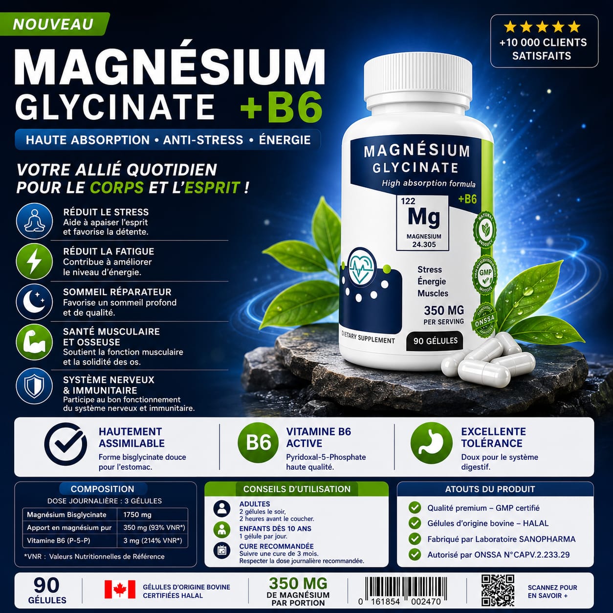 Magnésium Glycinate 350mg + B6 Haute Absorption – 90 Gélules