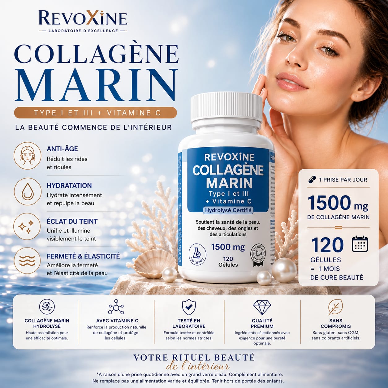 Collagène Marin 1500mg Type I & III + Vitamine C – 120 Gélules
