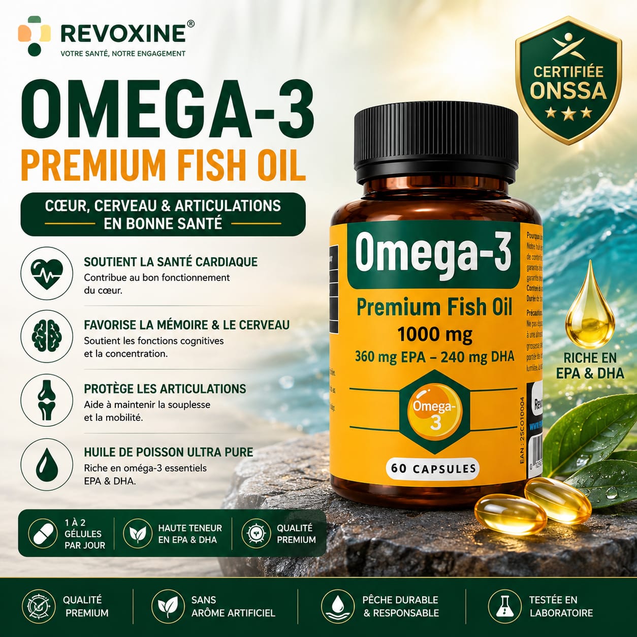 Oméga-3 Premium Fish Oil 1000mg – 60 Capsules (360mg EPA + 240mg DHA)